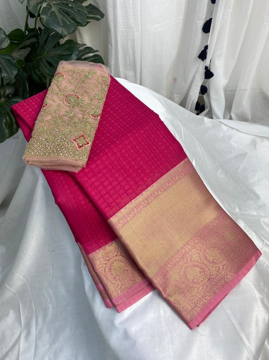 Pink Kora Muslin Saree With Work Blouse Combo