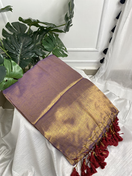 Light Lavender Maroon Tassel Plain Tissue Saree