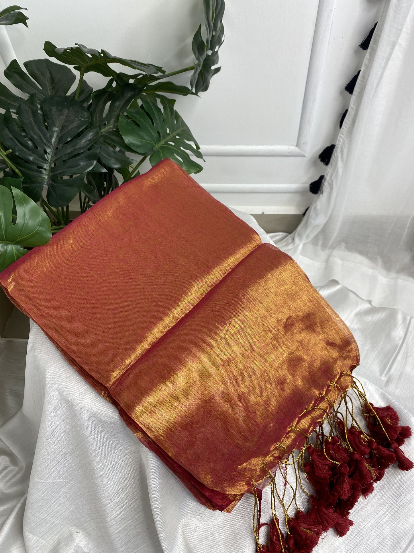 Golden Pink Plain Tissue Saree