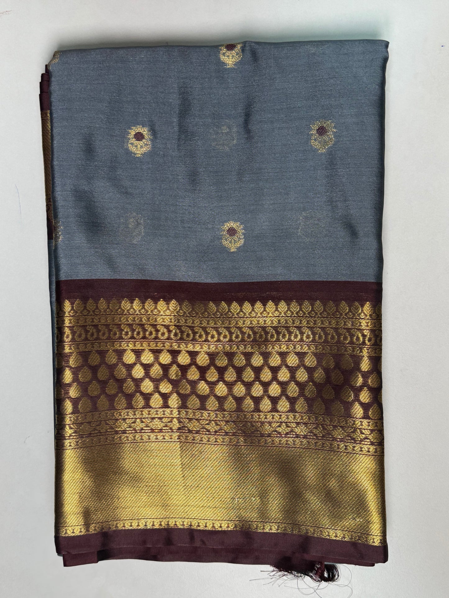 Grey with Brown Banarasi Soft Silk Saree