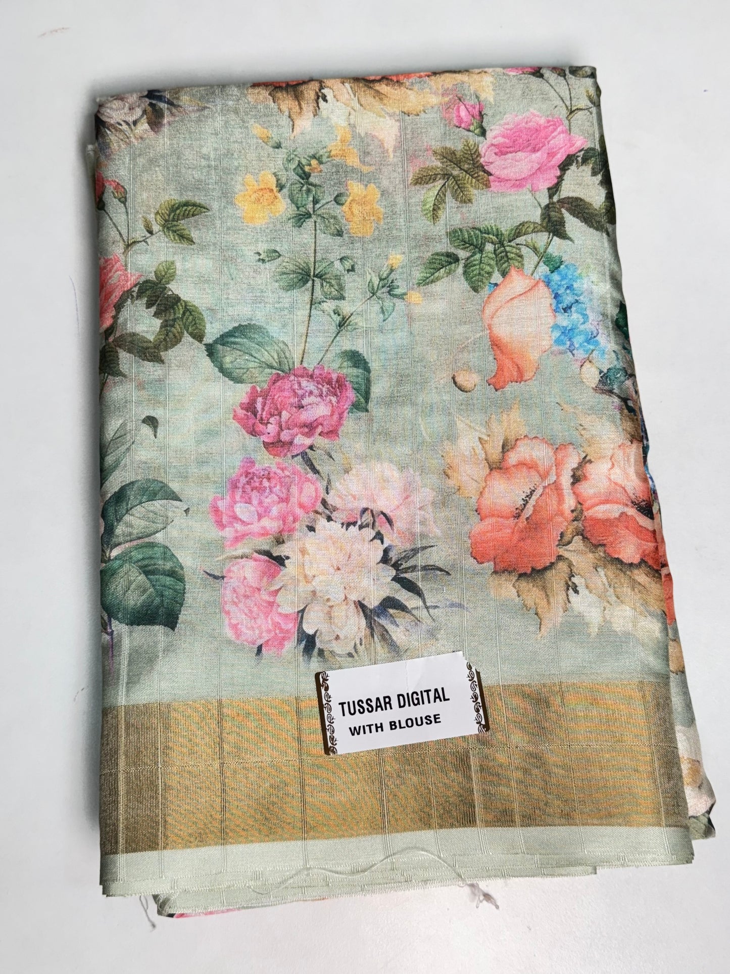 Pastel green Tussar Digital Printed Saree