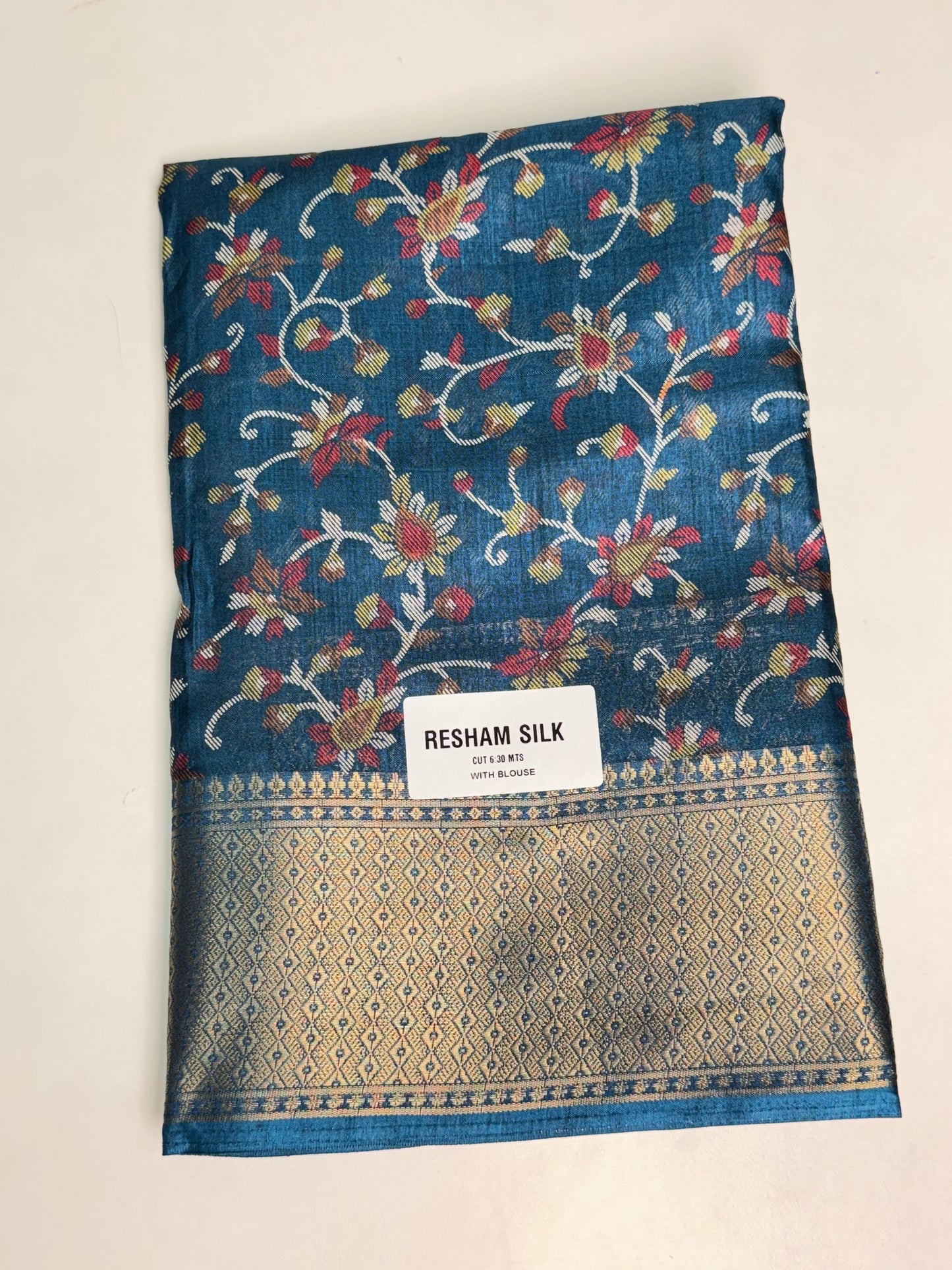 Teal Blue Resham Silk Printed Saree