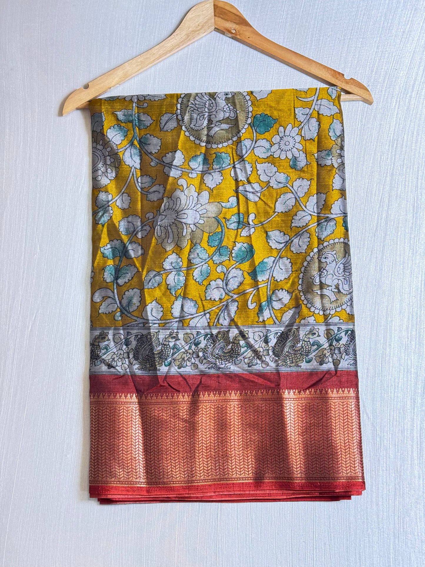 Mustard Yellow Kalamkari Fusion Saree.