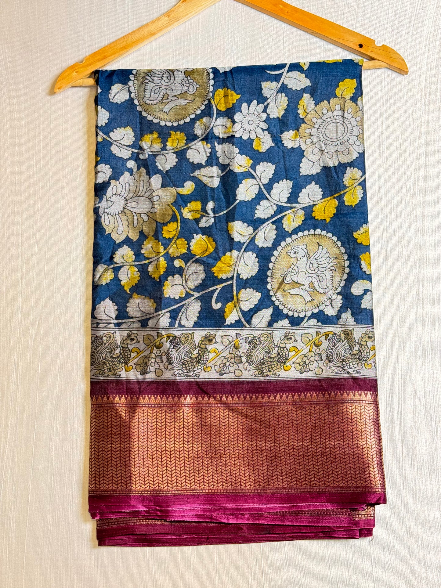 Peacock Blue Kalamkari Fusion Saree.