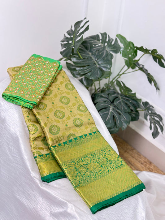 Green Semi Silk Saree With Work Blouse Combo