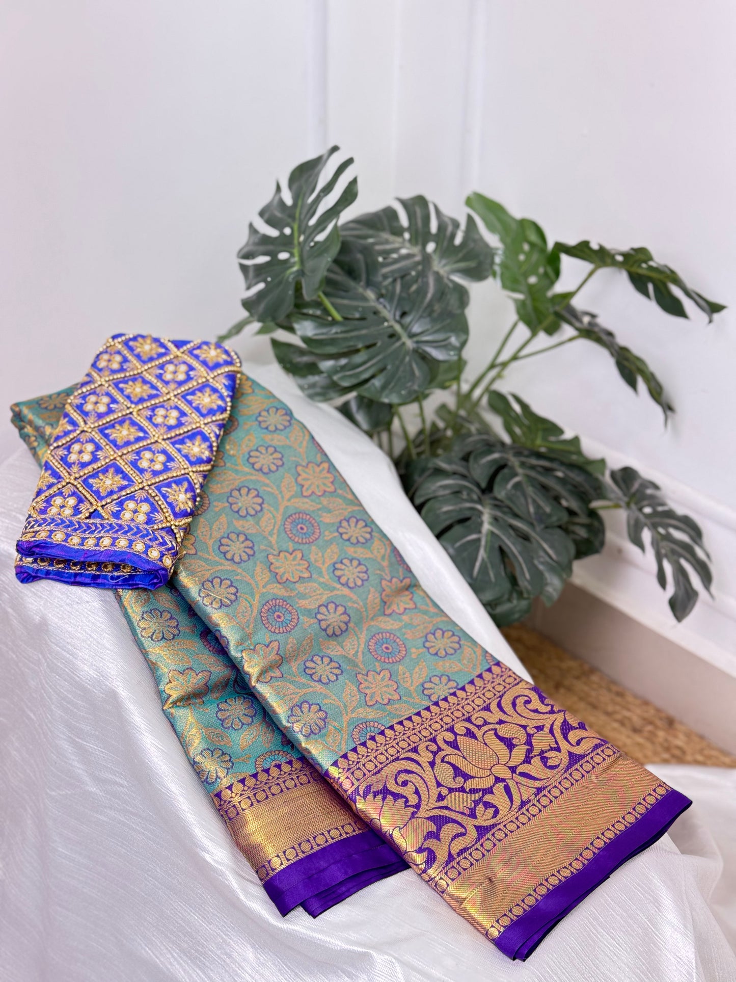 Rama Green  Semi Silk Saree With Work Blouse Combo