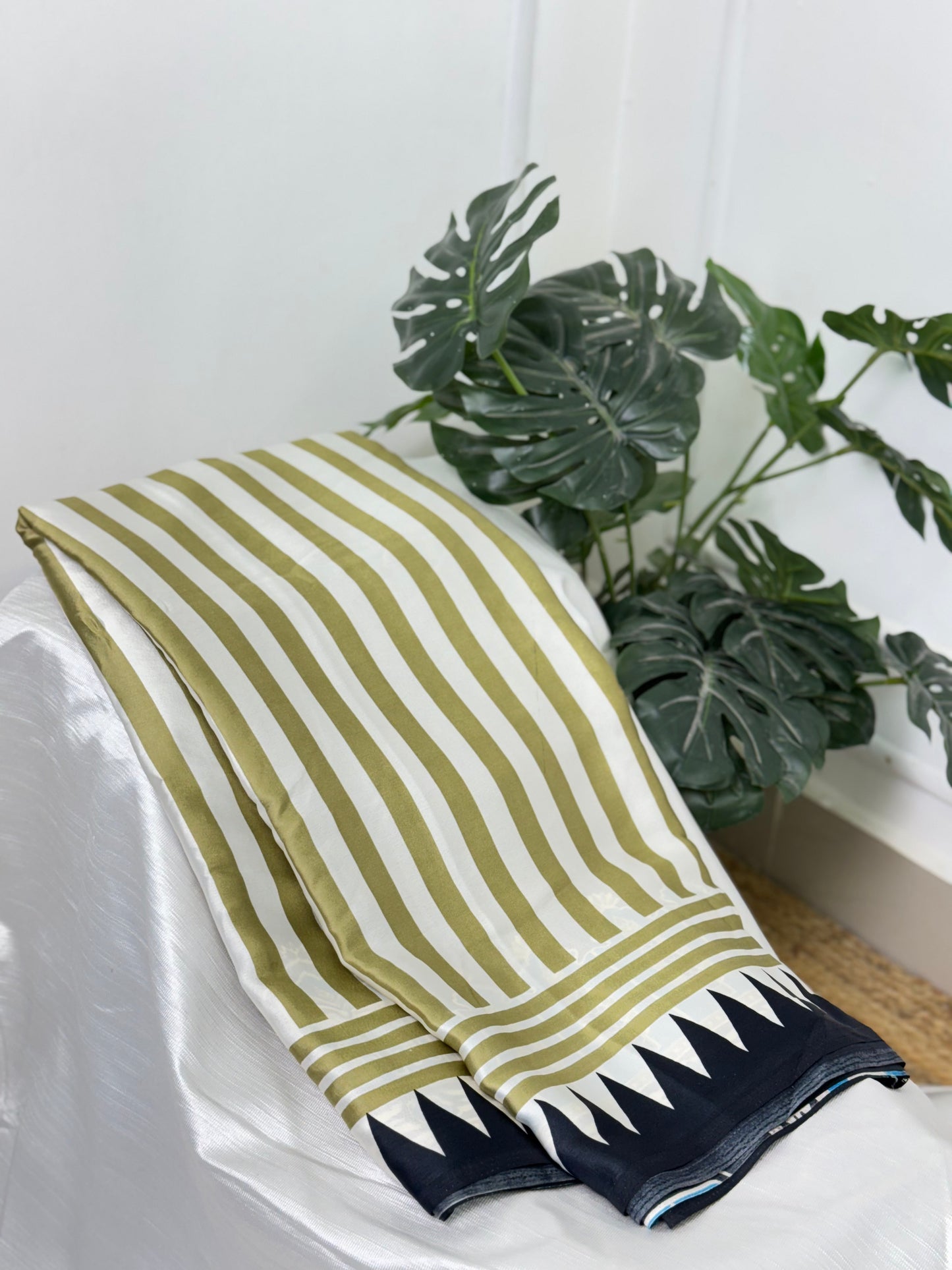 Olive Green with White Striped Black Border Semi Modal Silk Saree.