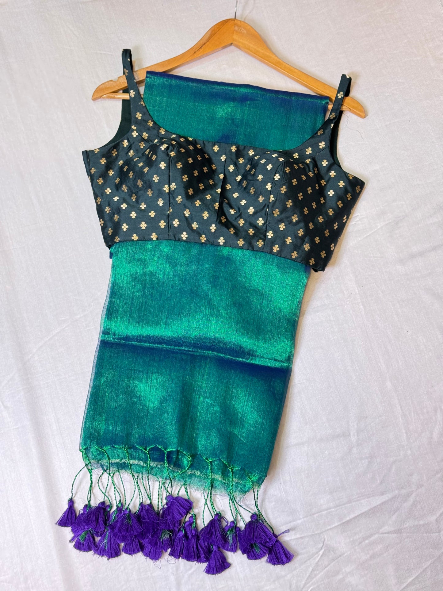 Peacock Green Tissue Saree with Ready to wear Blouse