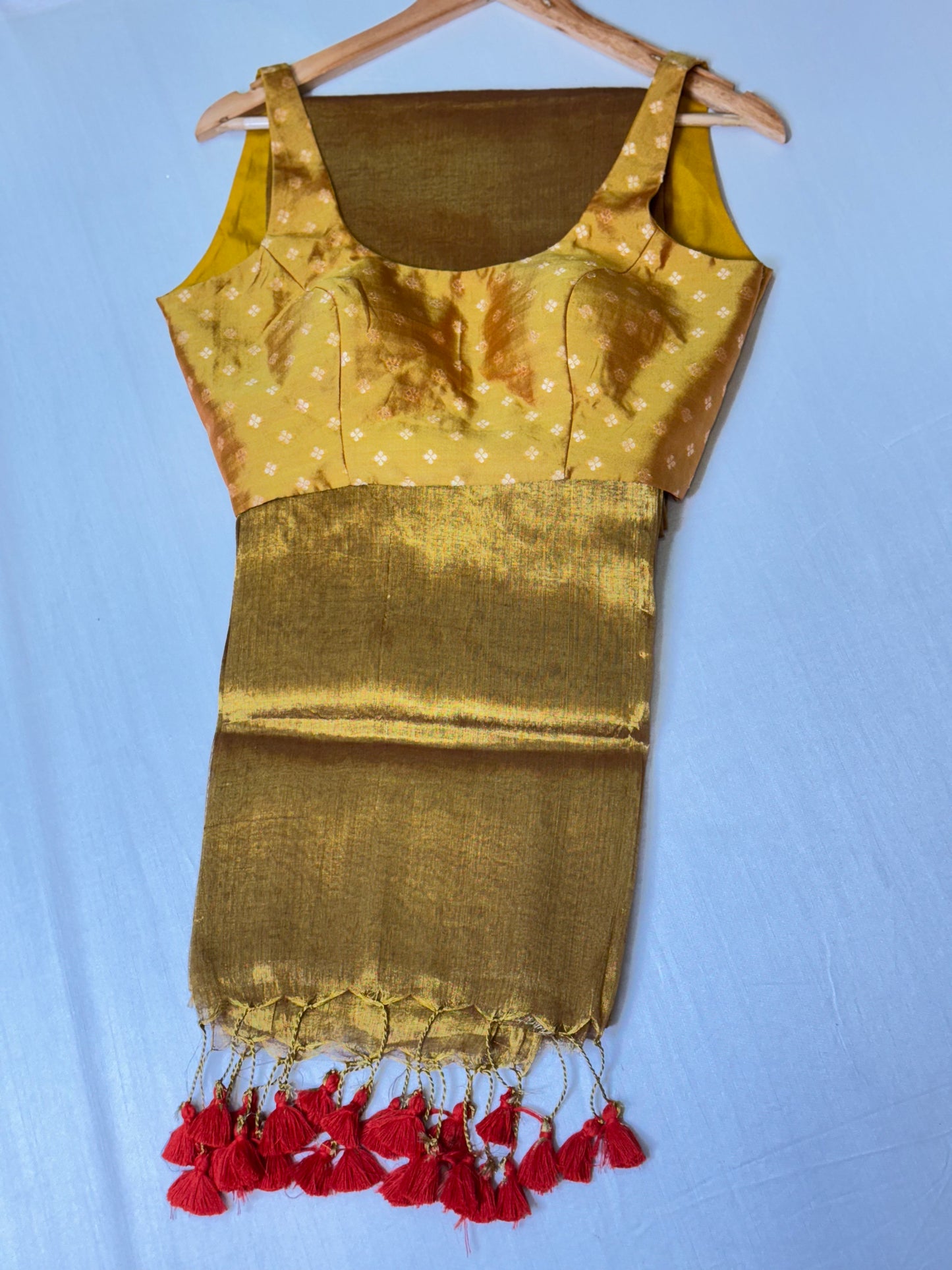 Copper Caramel Tissue Saree with Ready to wear Blouse
