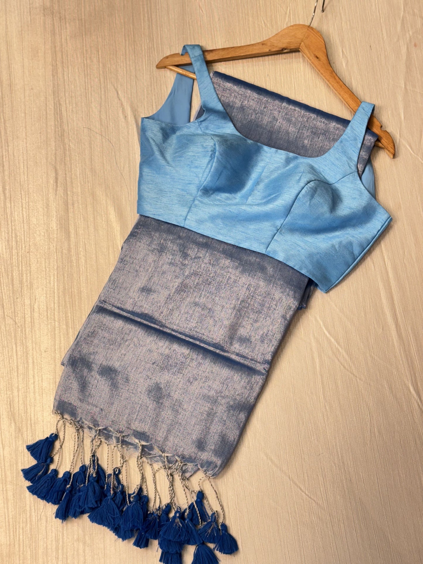 Silver Blue Plain Tissue Saree with Sleeveless Blouse