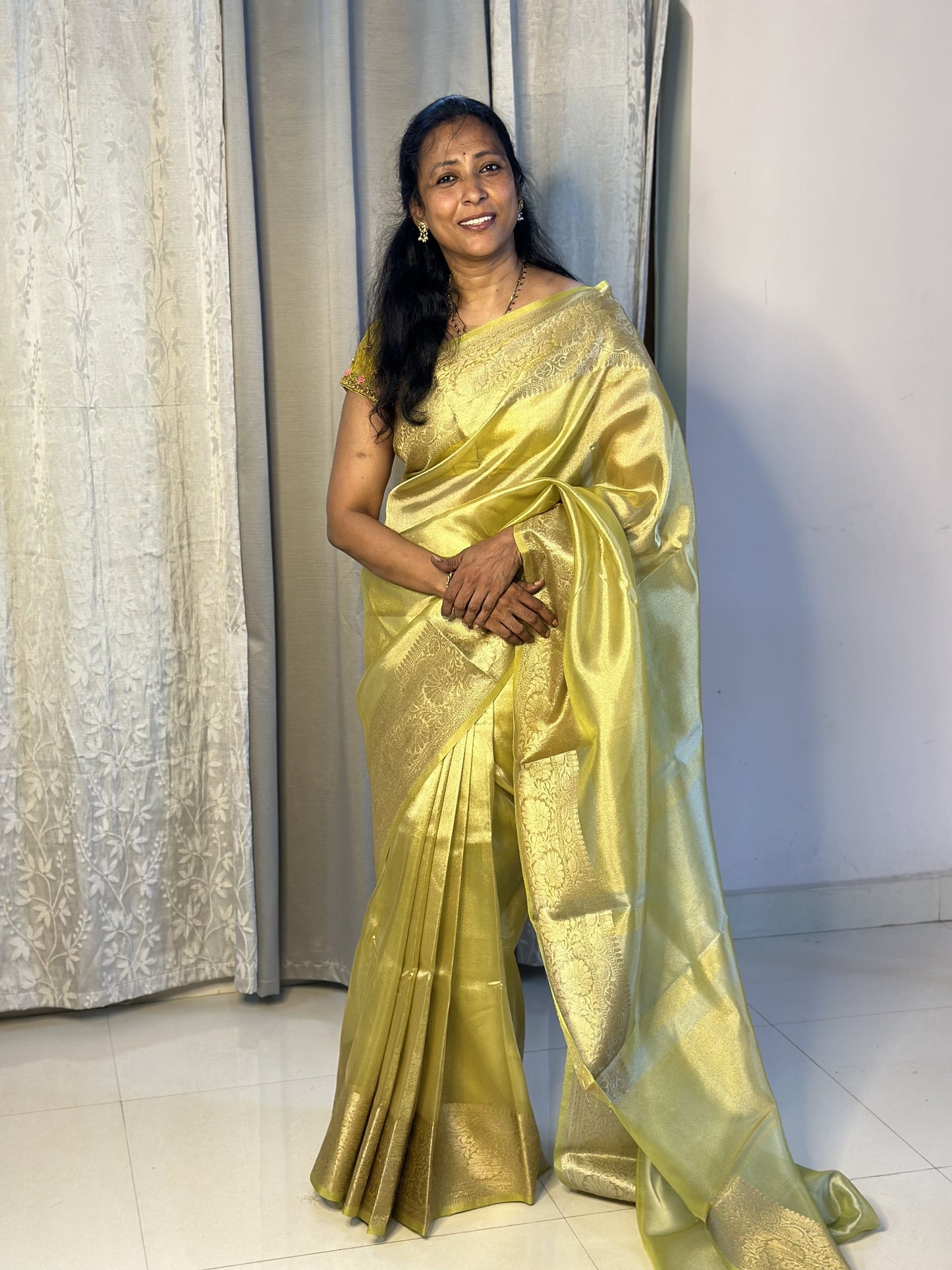 Lime Yellow Plain Tissue Saree with Work Blouse Combo
