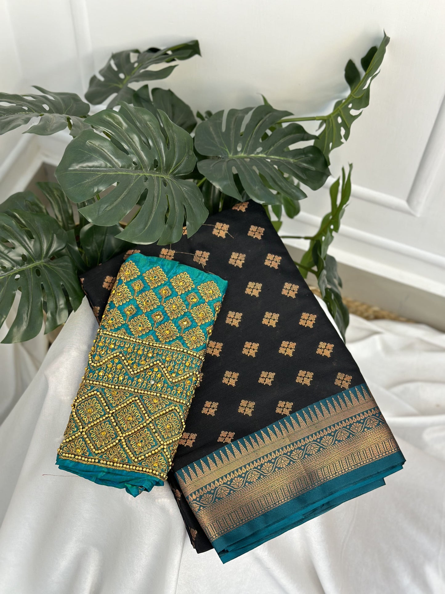 Black Soft Silk Saree with Work Blouse Combo