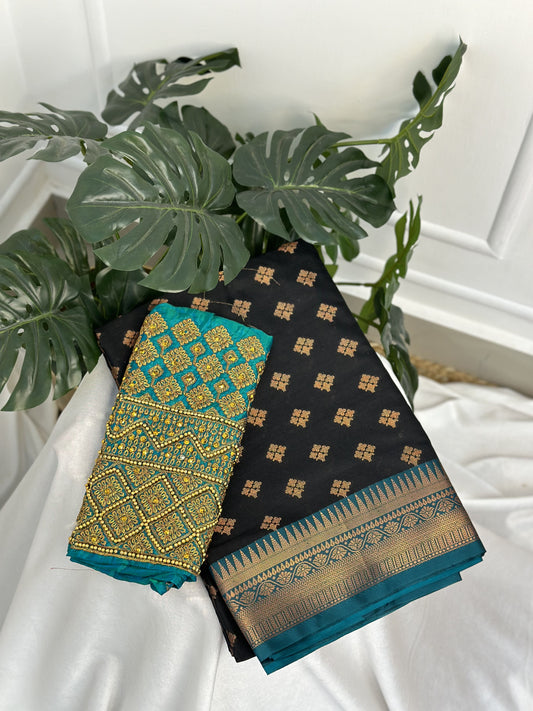 Black Soft Silk Saree with Work Blouse Combo