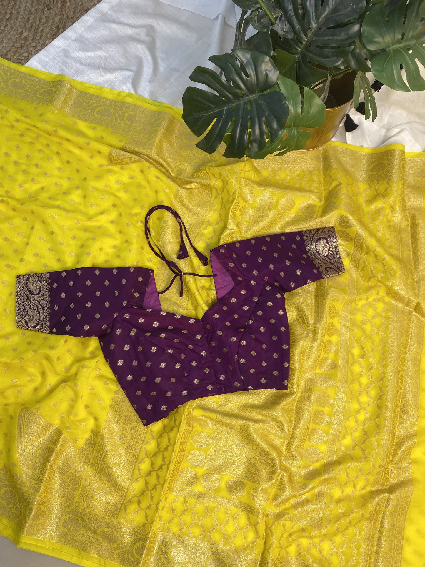 Yellow Georgette Saree with stitched blouse