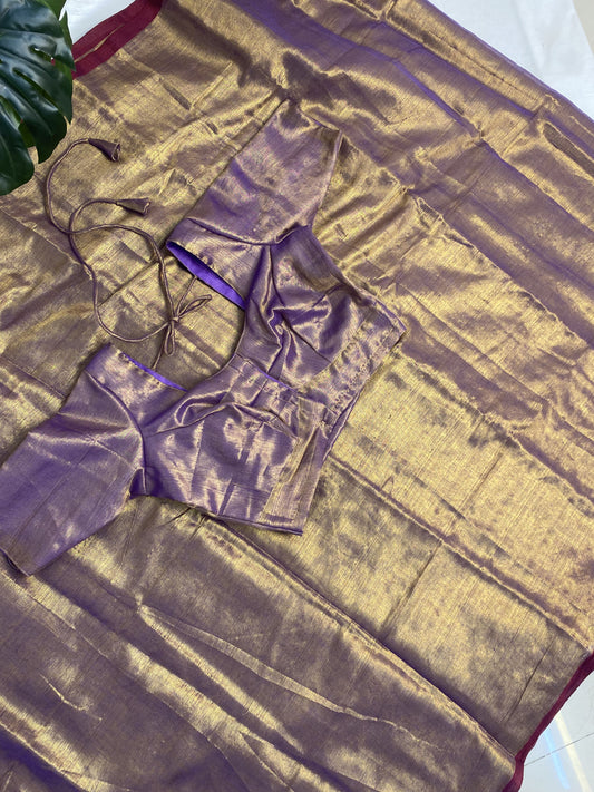 Light Lavendar Plain Khadi Tissue Saree with Stitched Blouse