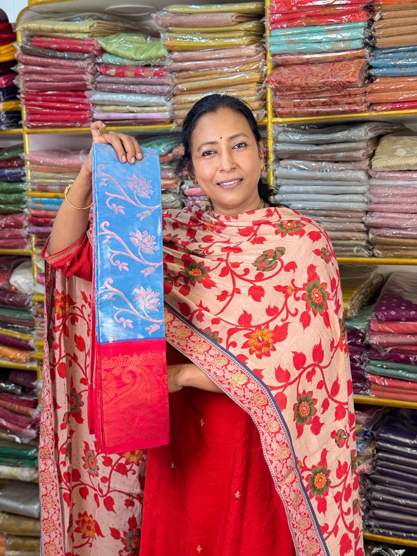 Blue with Pink Tissue Saree