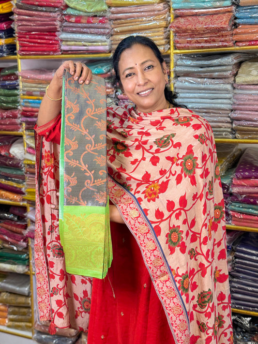 Grey with Green Tissue Saree