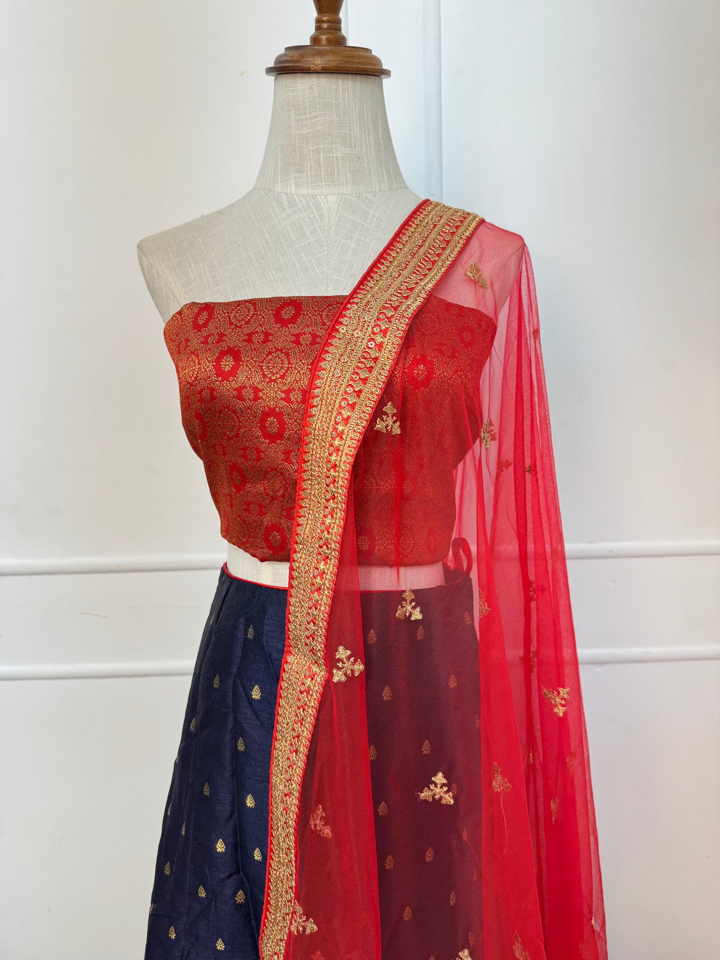 Navy Blue with Red Half Saree Set