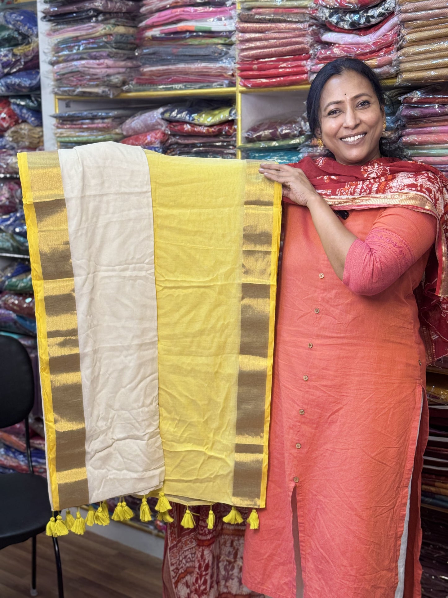 white with Yellow Pure Mul Cotton Saree