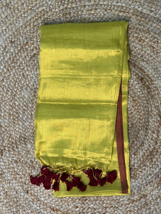 Light Lime Green Plain Tissue Saree with Maroon Tassels