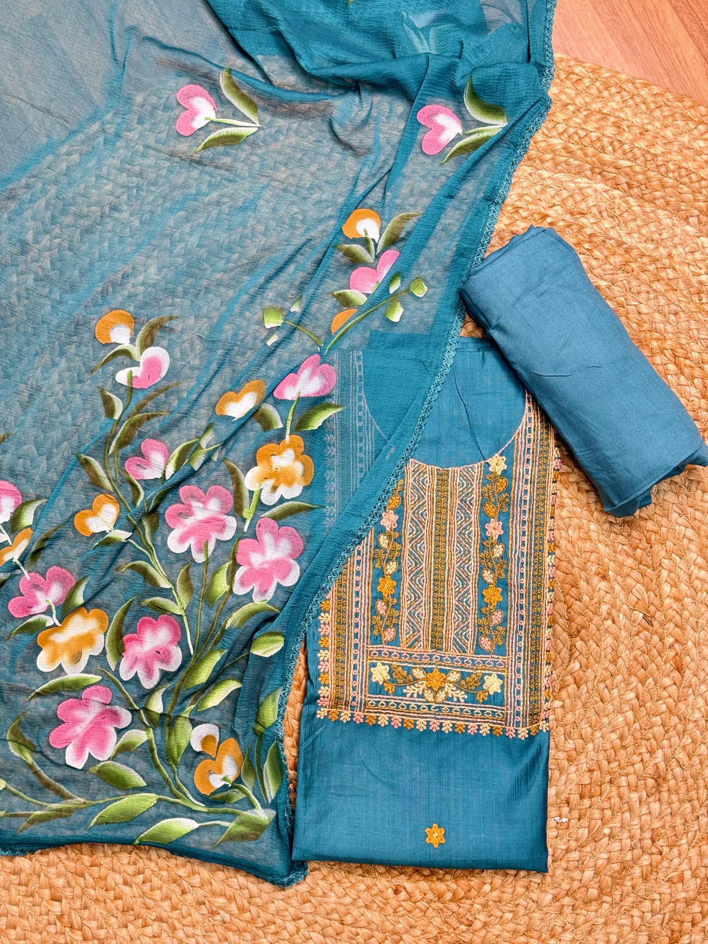 Teal Green with Black Unstitched Salwar Suit