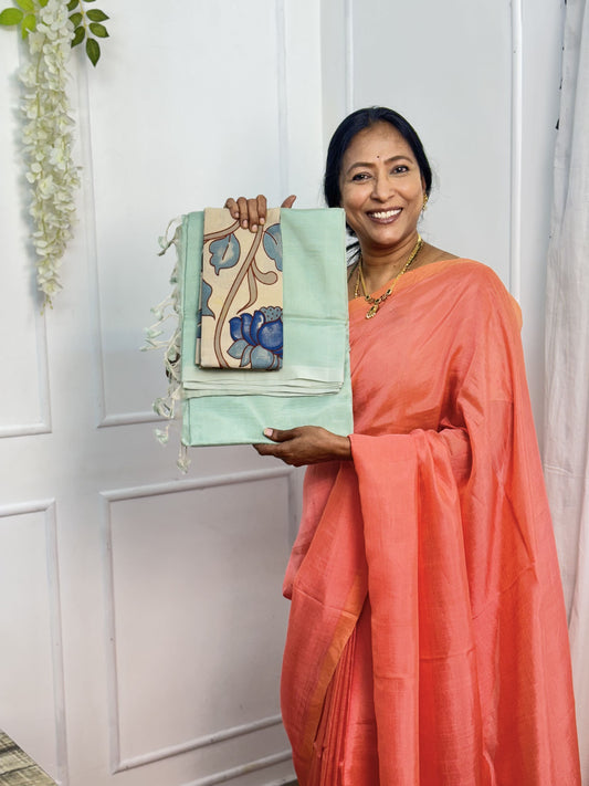 Light Blue Mangalgiri Plain Silk Saree with Blouse