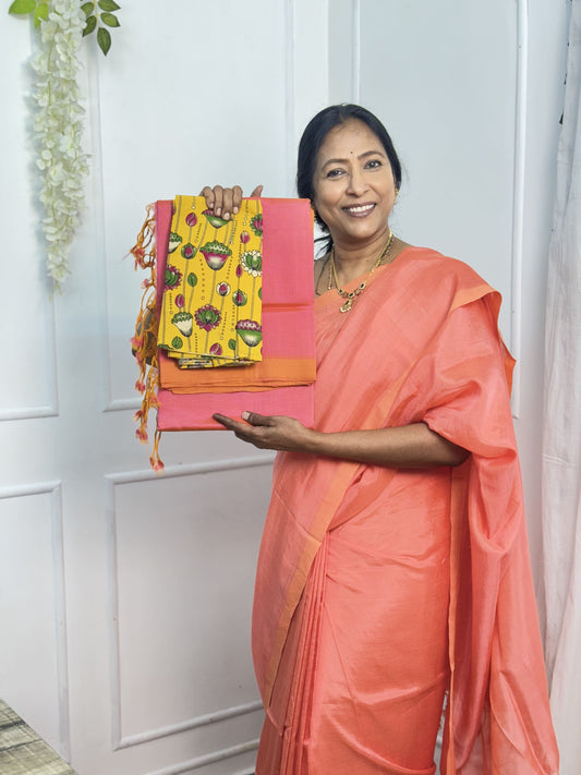 Pink Mangalgiri Plain Silk Saree with Blouse