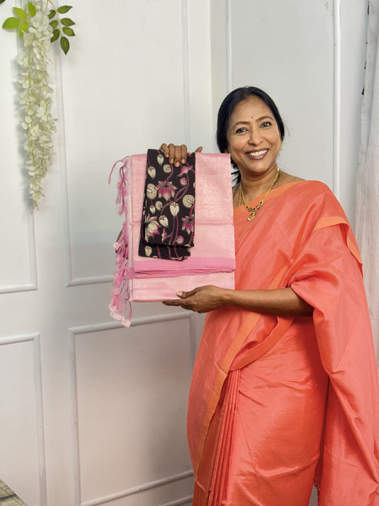 Pink Mangalgiri Plain Silk Saree with Blouse
