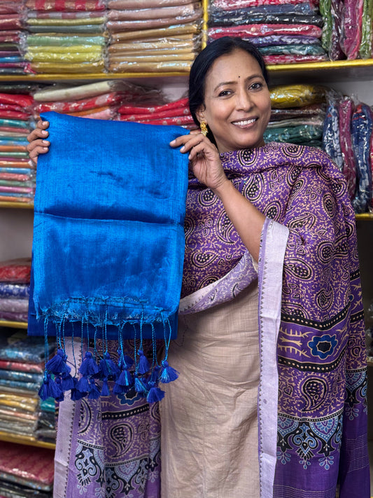 Peacock Blue  Plain Tissue Saree