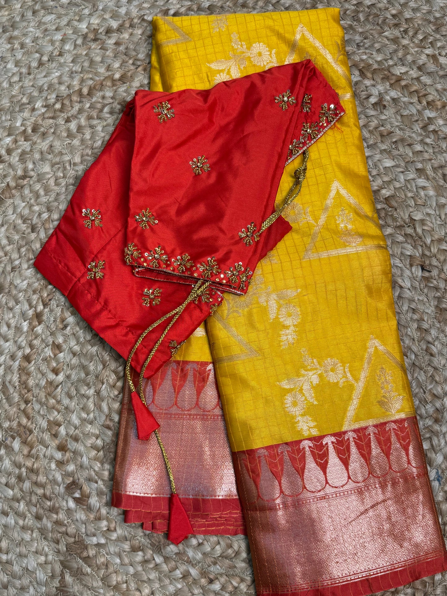 Yellow with Red Semi Silk Saree With Hand Work Blouse Combo