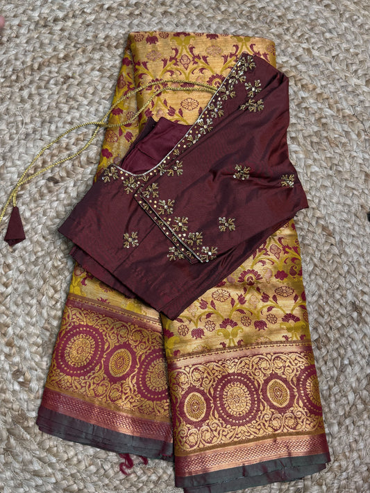 Golden with Maroon Semi Silk Saree With Hand Work Blouse Combo