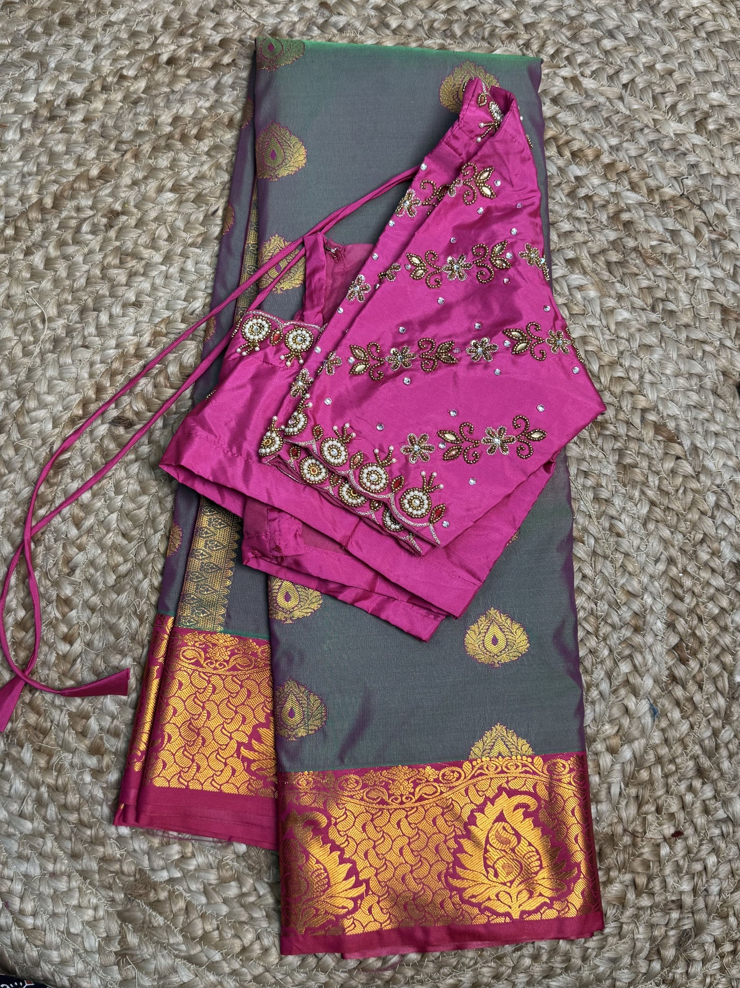 Pink Semi Silk Saree With Hand Work Blouse Combo
