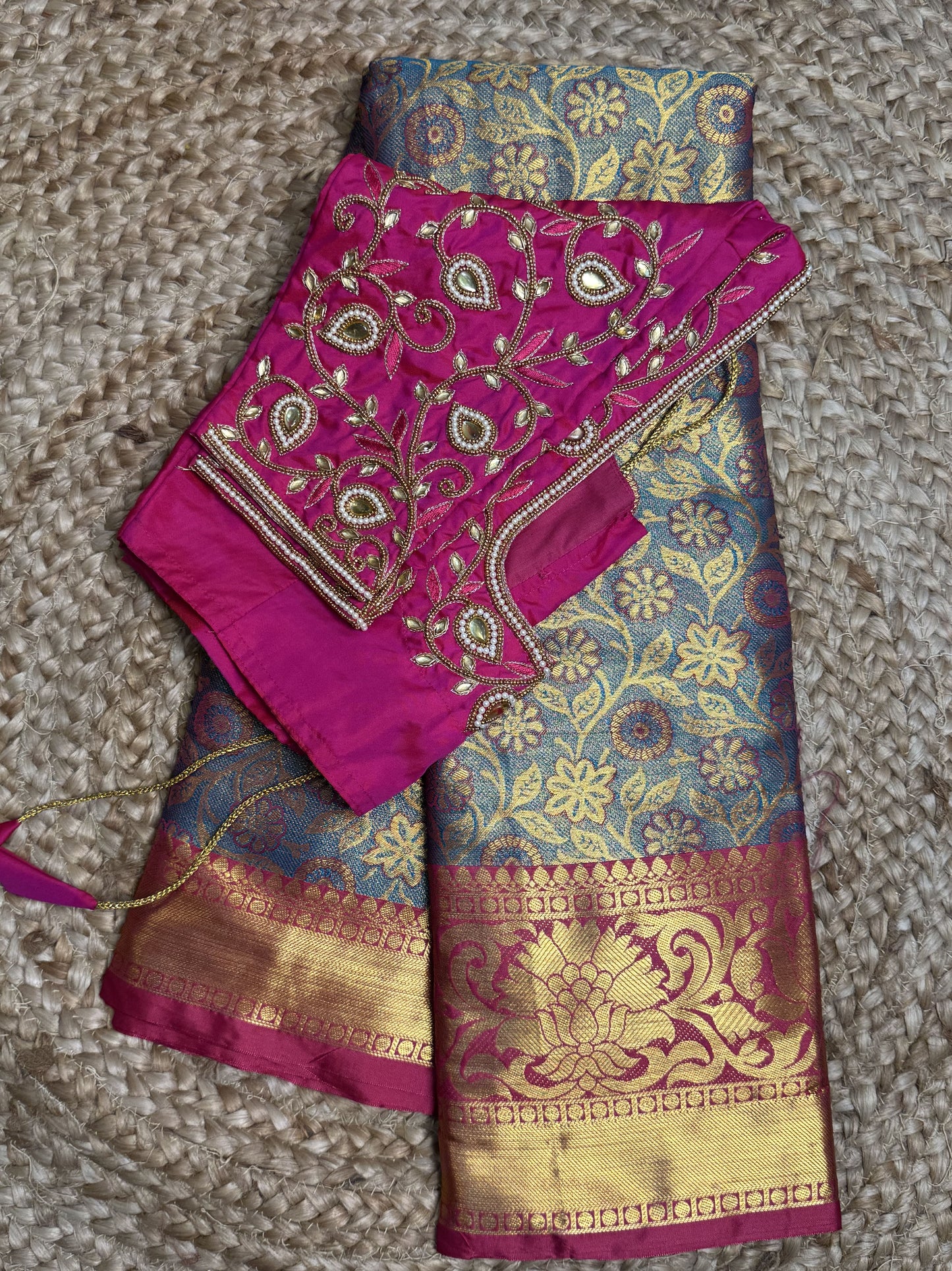 Rama Green Pink Semi Silk Saree With Hand Work Blouse Combo