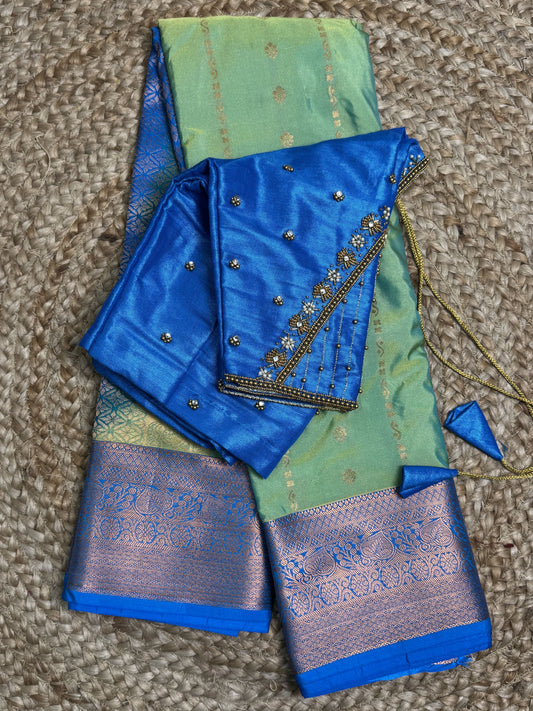 Green with Blue Semi Silk Saree With Hand Work Blouse Combo