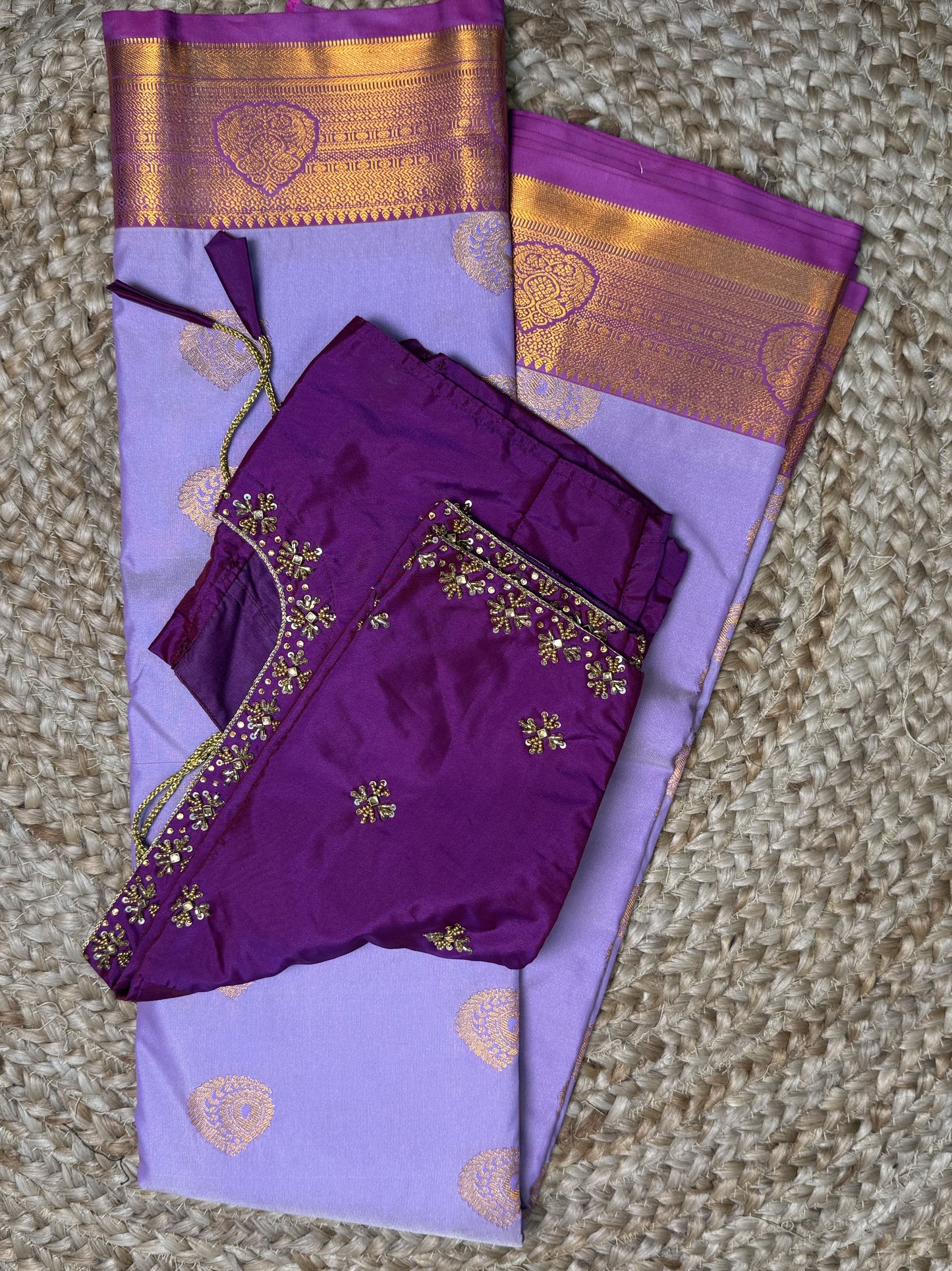Lavendar with Violet Semi Silk Saree With Hand Work Blouse Combo