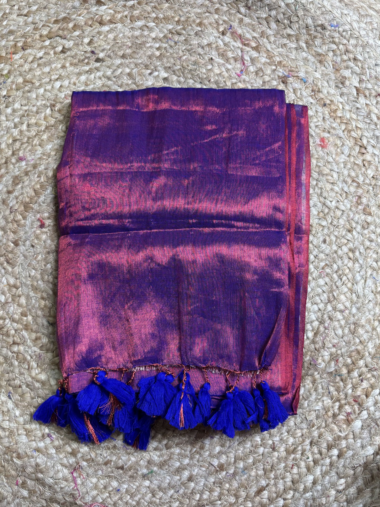 Purple Dark Blue tassels Plain Tissue Saree