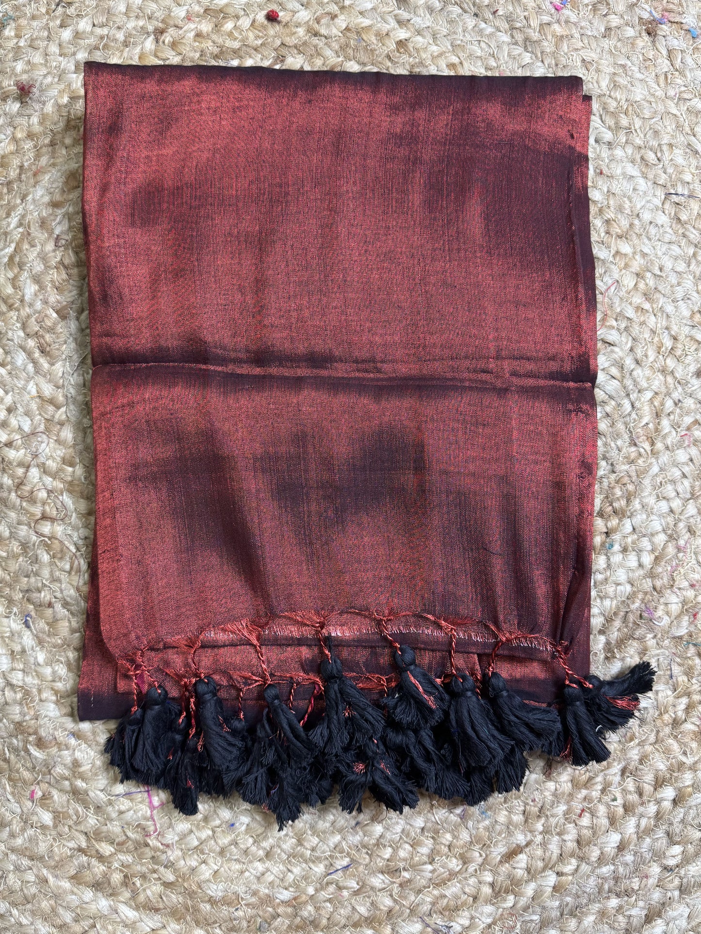 Maroon with black tassel Plain Tissue Saree