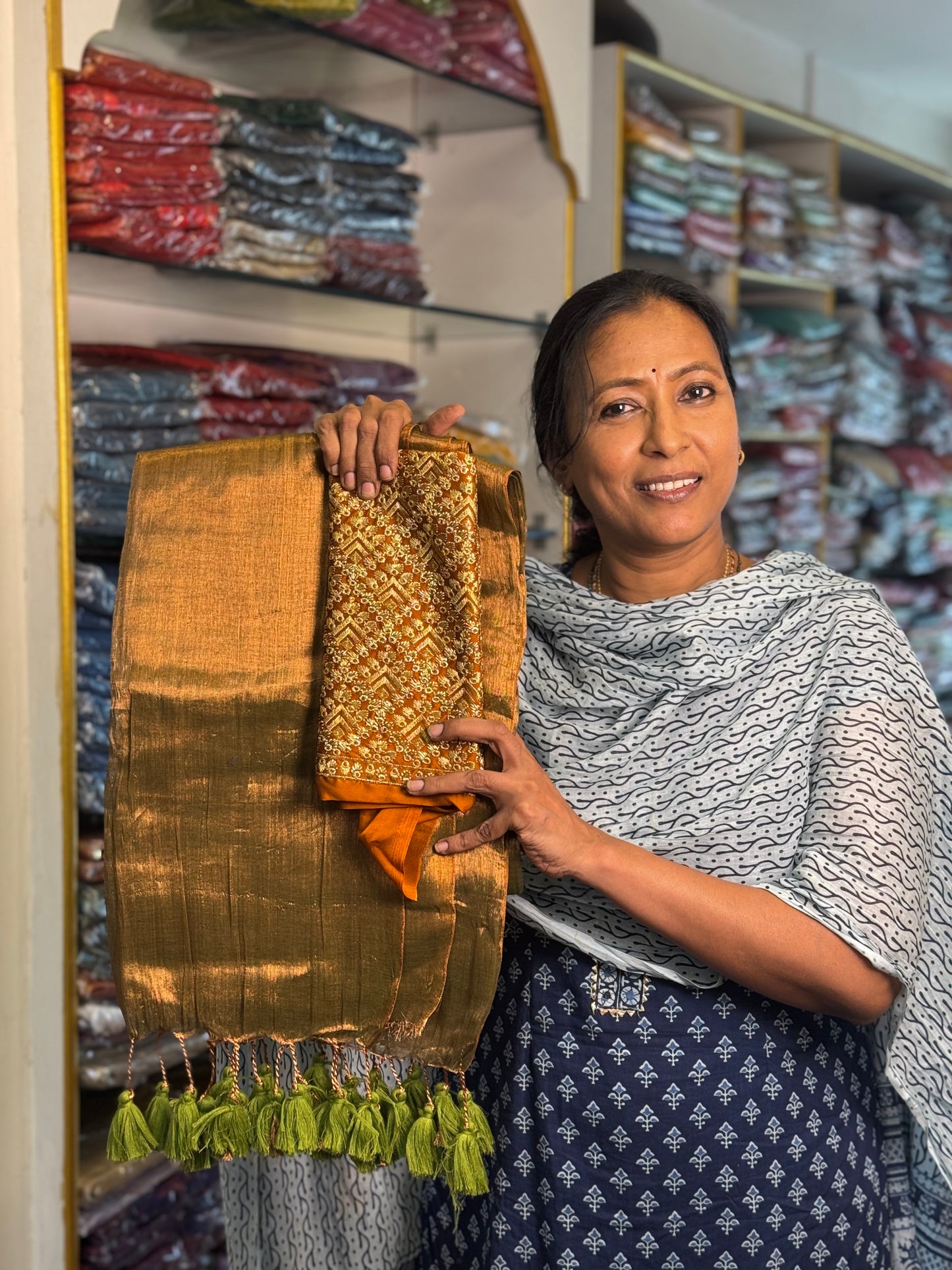 Copper Green Plain Tissue Saree with Work Blouse Combo