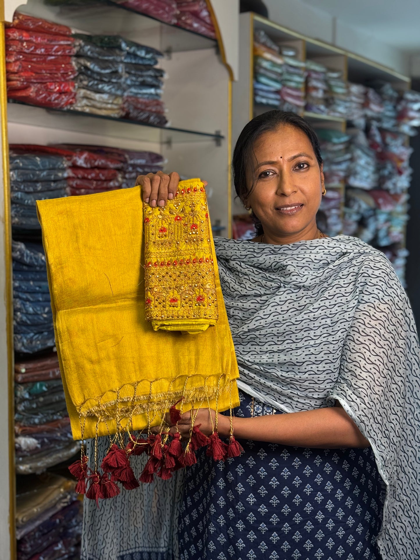 Yellow Plain Tissue Saree with Work Blouse Combo