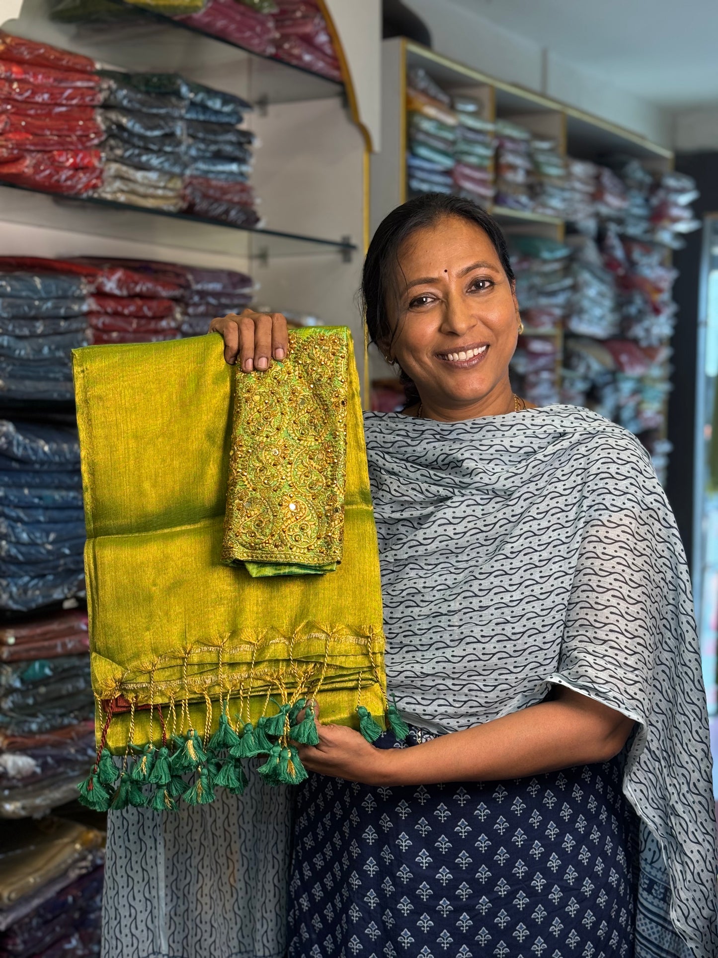 Parrot Green Plain Tissue Saree with Work Blouse Combo