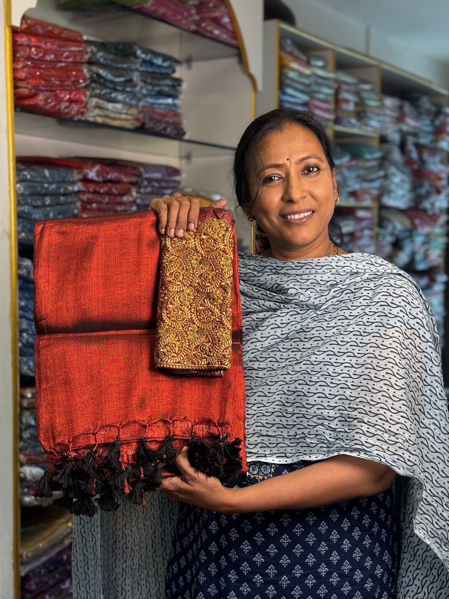Maroon Plain Tissue Saree with Work Blouse Combo