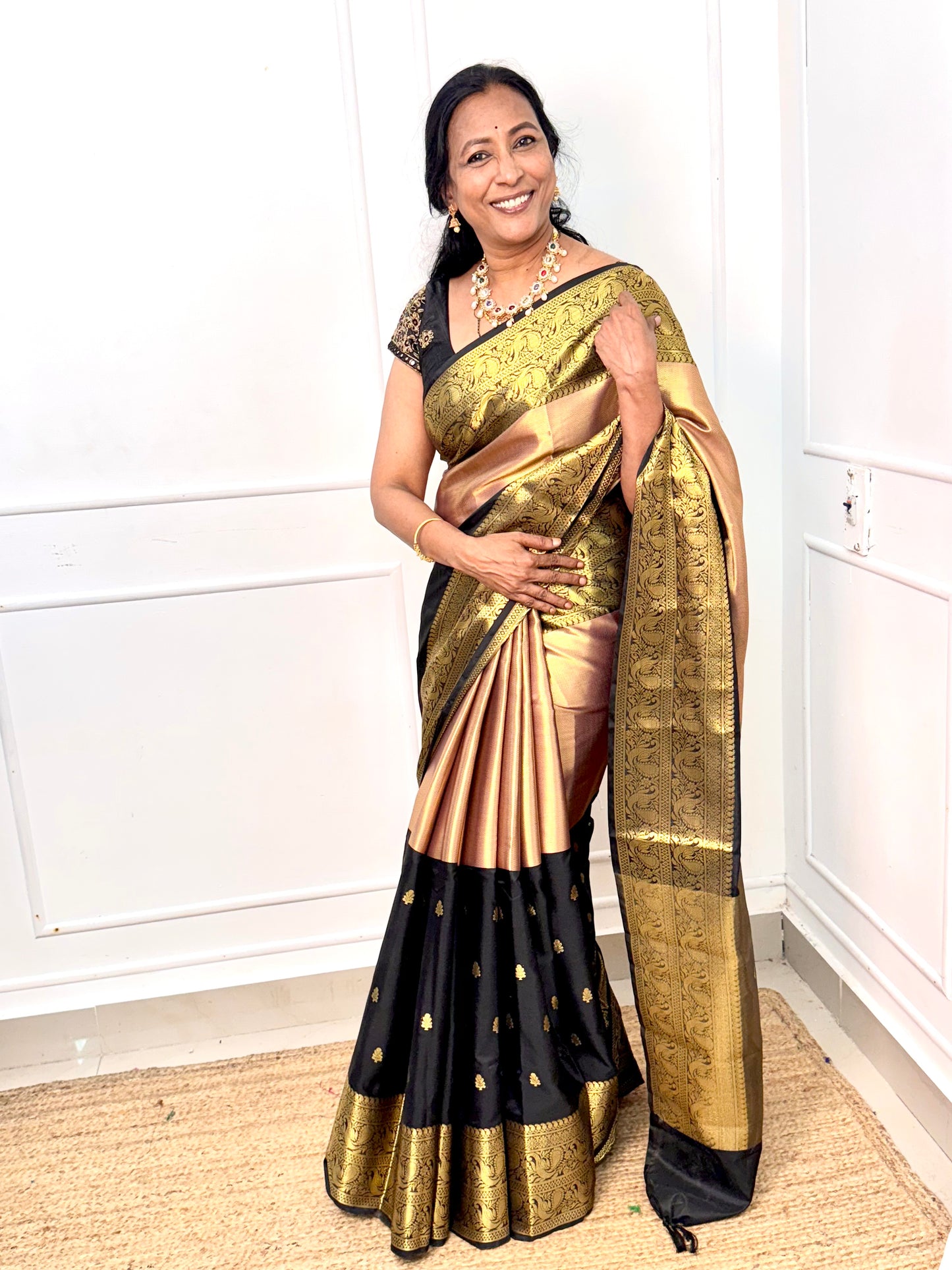 Rose Gold with Black Bordered Tissue Saree