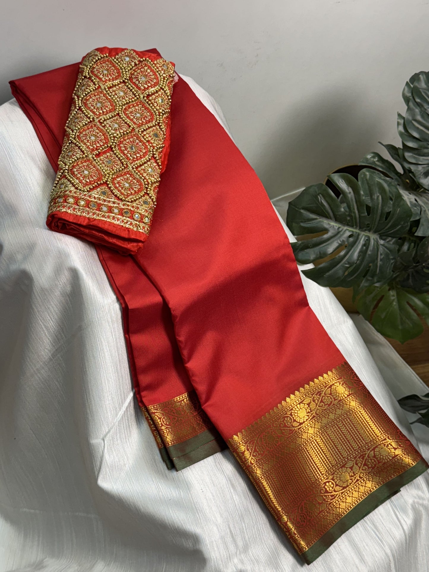 Red Soft Silk Saree with Work Blouse Combo