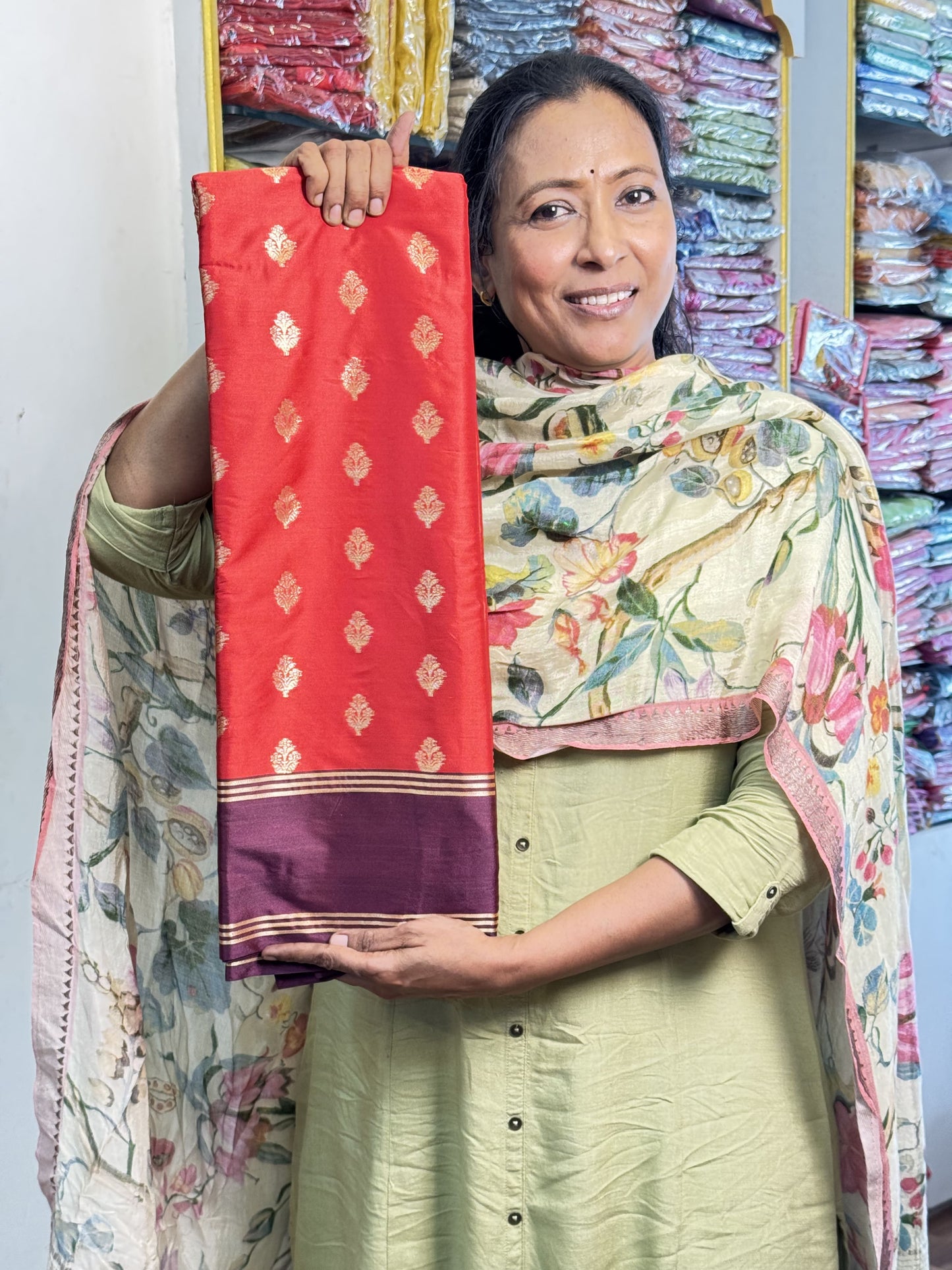 Red with Purple Border Soft Silk Saree