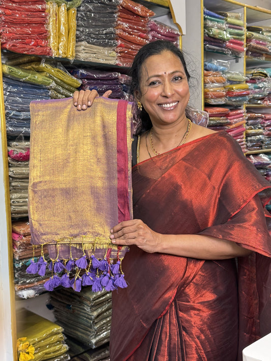 Light Lavendar with Violet Tassels Plain Tissue Saree