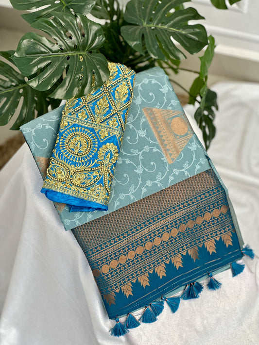 Light Blue Poly Silk Saree with work blouse combo