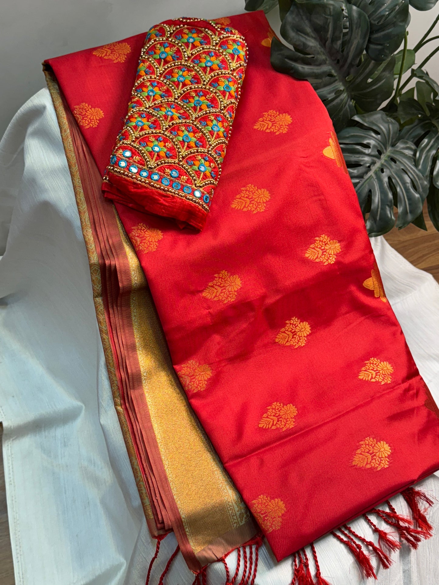 Tomato Red Soft Silk Saree With Work Blouse Combo