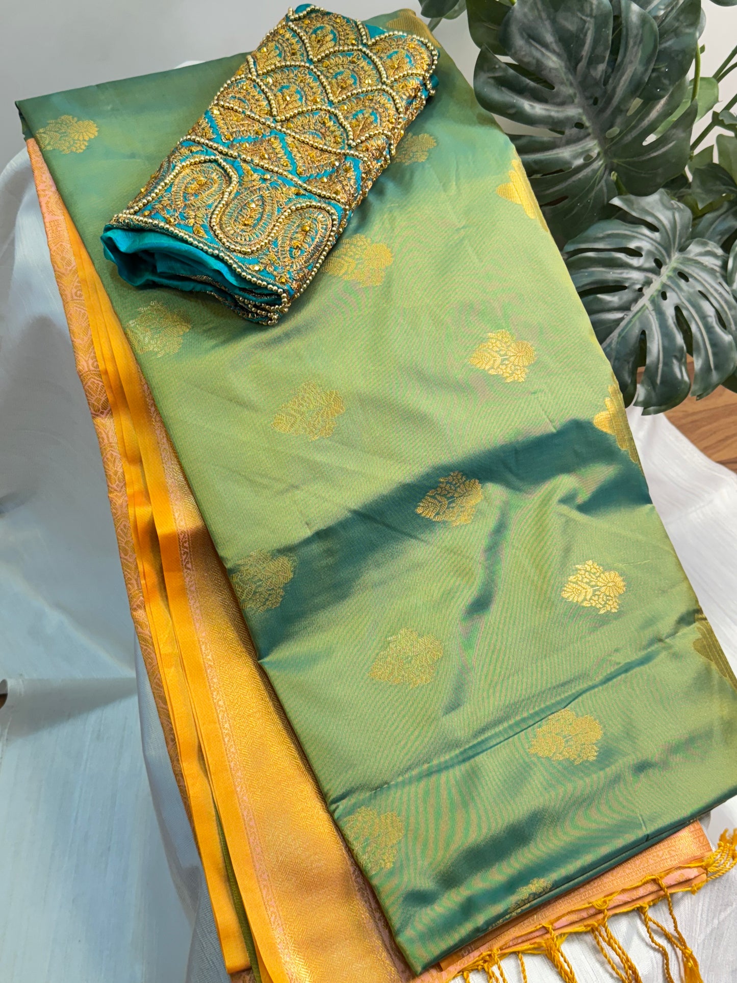 Green Soft Silk Saree With Work Blouse Combo