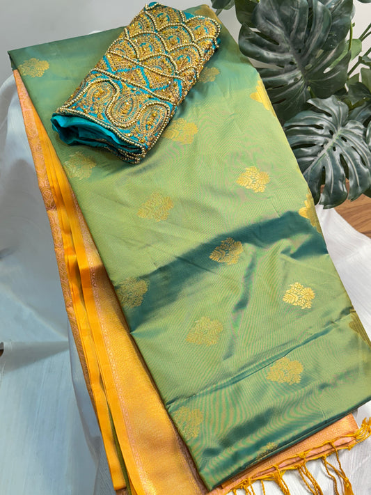 Green Soft Silk Saree With Work Blouse Combo