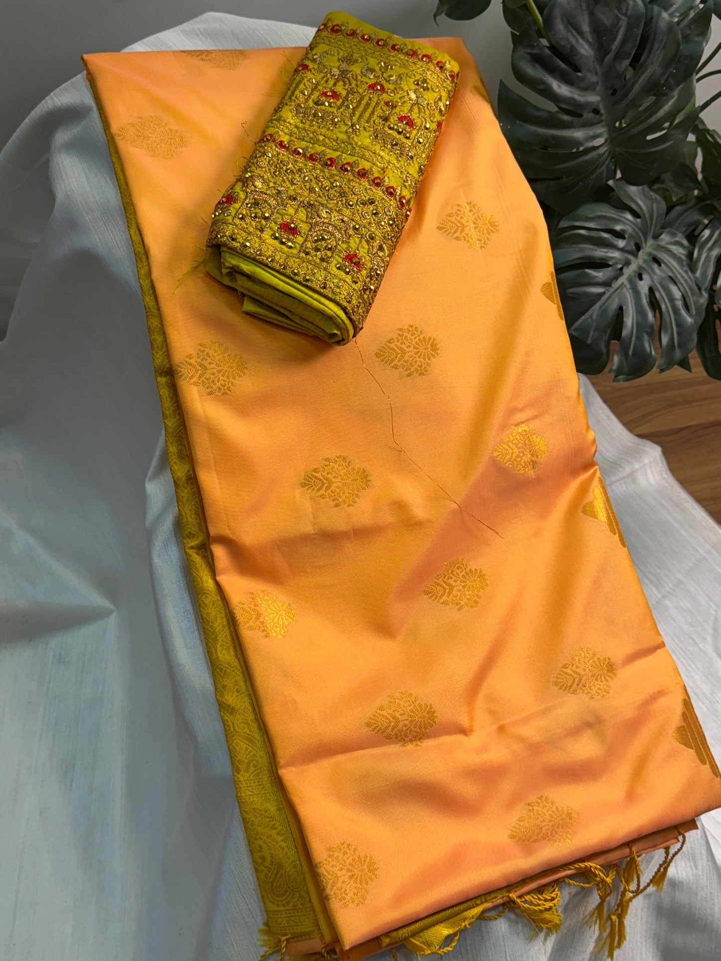 Peach Soft Silk Saree With Work Blouse Combo